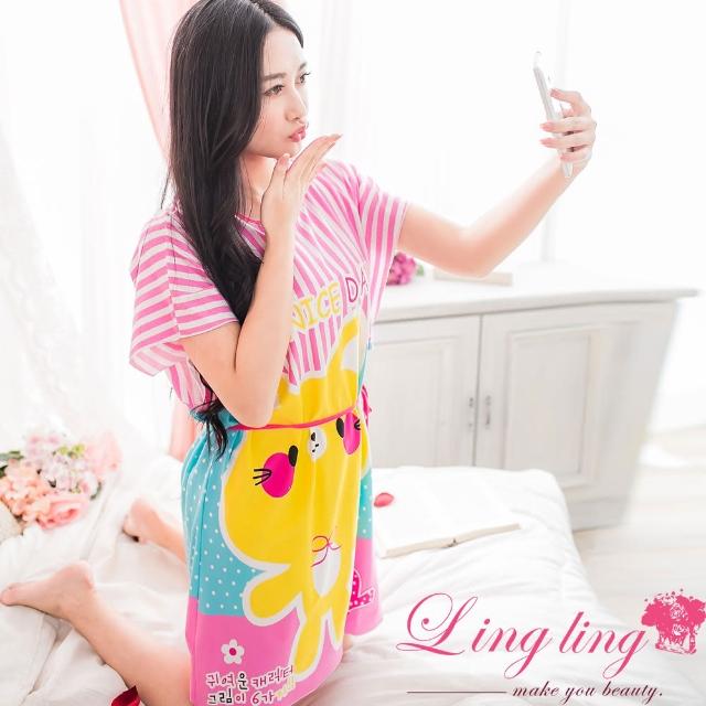 【lingling日系】PA2405全尺碼-牛奶絲條紋貓咪點點綁結連身睡衣(童話桃粉)