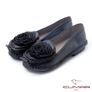 【CUMAR】優雅拼接-雙色感立體皮革花卉休閒鞋(黑色)