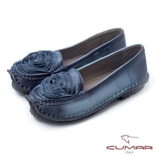 【CUMAR】優雅拼接-雙色感立體皮革花卉休閒鞋(淺藍色)