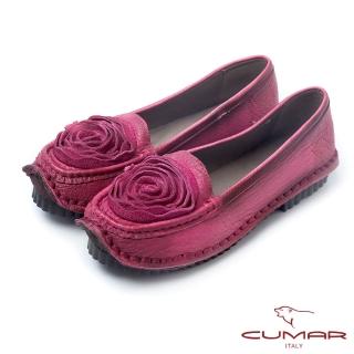 【CUMAR】優雅拼接-雙色感立體皮革花卉休閒鞋(粉紅色)