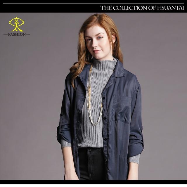 【玄太】休閒純色高領柔感百搭條紋針織上衣(灰)