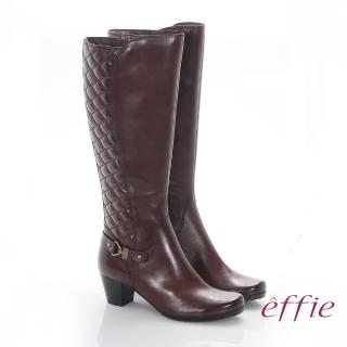 【effie】魅力時尚 真皮後側拼接菱格中跟長靴(咖啡)