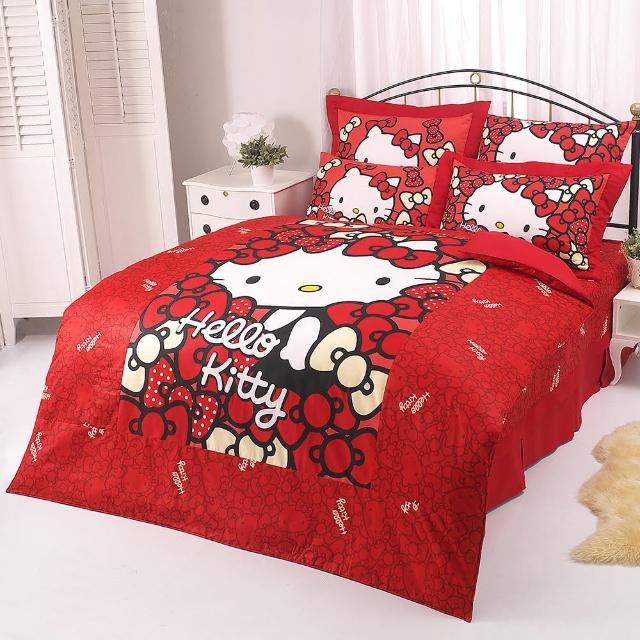 【享夢城堡】HELLO KITTY 我的Ribbon時尚系列-雙人純棉四件式床包涼被組(紅)