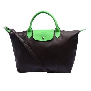 【LONGCHAMP】Personalized撞色羊皮手提/斜背(中-咖啡X亮綠1515837-OB002)