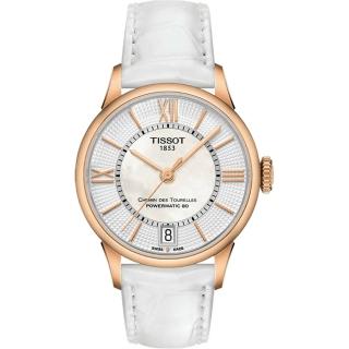 【TISSOT】杜魯爾系列機械動力80腕錶-玫瑰金框x白/32mm(T0992073611800)