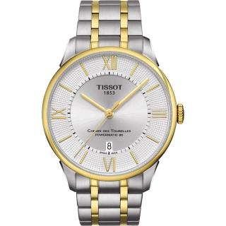 【TISSOT】杜魯爾系列機械動力80腕錶-銀x雙色版/42mm(T0994072203800)