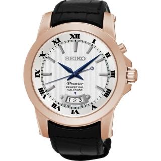 【SEIKO】Premier 羅馬萬年曆石英錶-銀x玫瑰金框(6A32-00X0P  SNQ152J1)