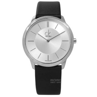 【Calvin Klein】時尚曼哈頓簡約風皮革腕錶 銀x黑 39mm(K3M211C6)