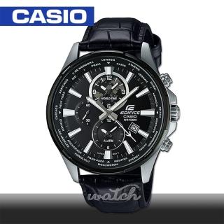 【CASIO 卡西歐 EDIFICE 系列】黑色時尚_經典潮流_三眼計時皮革男錶(EFR-304BL-1A)