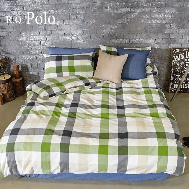 【R.Q.POLO】綠灰格 水洗棉系列-雙人標準薄被套床包四件組(5X6.2尺)