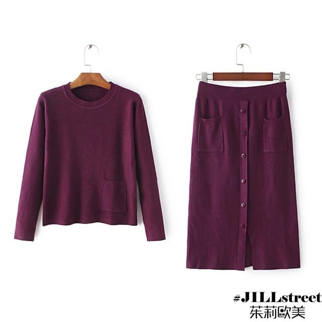 【茱莉歐美#JILLSTREET】口袋針織毛衣+單排扣半身裙套裝-F(黑/紅)