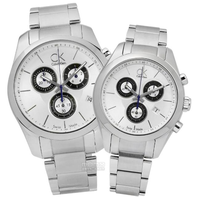 【Calvin Klein】時尚都會三環計時不鏽鋼對錶 銀色 45mm+39mm(K0K27120.K0K28120)