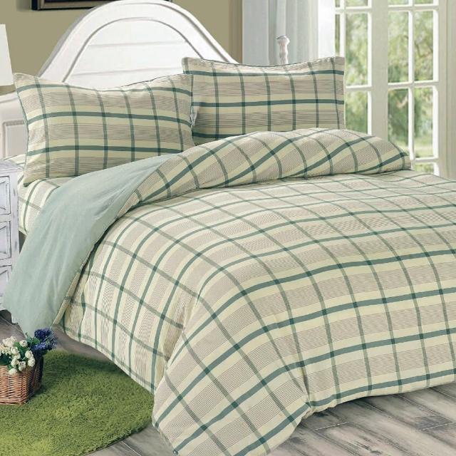 【Victoria】日式條紋四件式加大床包被單組-葉綠(水洗磨毛日式簡約風)