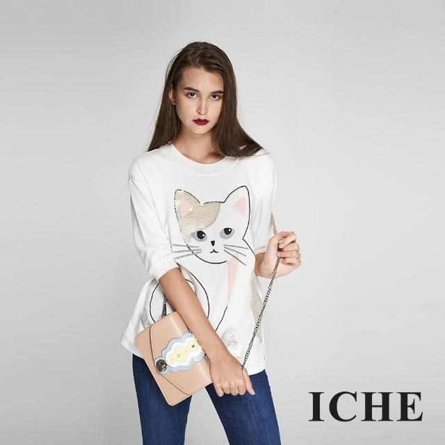 【ICHE 衣哲】時尚造型貓鑲飾亮片七分袖長版上衣