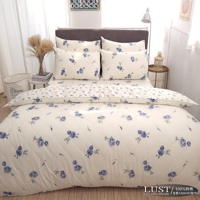 【LUST生活寢具】《藍莓鄉村》100%純棉、雙人5尺精梳棉床包-枕套-薄被套組、台灣製