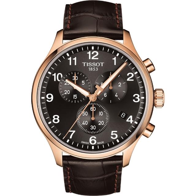【TISSOT 天梭】韻馳系列 Chrono XL計時手錶-灰x玫塊金框/45mm(T1166173605701)