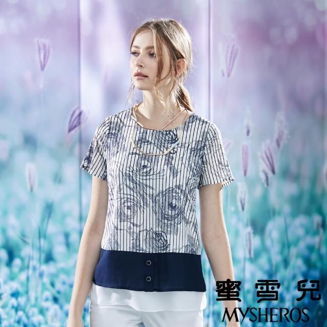 【mysheros 蜜雪兒】純棉直線條玫瑰拚接雪紡上衣(藍)