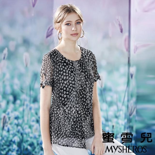 【mysheros 蜜雪兒】假兩件圓領小花彈性上衣(黑)