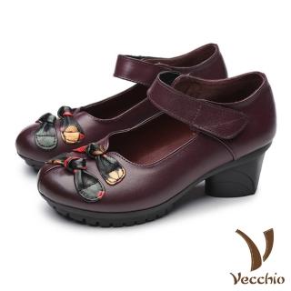 【Vecchio】真皮頭層牛皮民族風印花蝴蝶結魔鬼粘粗跟娃娃鞋(紫)優惠推薦  Vecchio