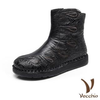 【Vecchio】全真皮頭層牛皮孔雀意象復古皮雕造型平底短靴(黑)折扣推薦  Vecchio