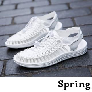 【SPRING】時尚縷空復古彈力繩編織造型休閒涼鞋-男鞋(白)  SPRING