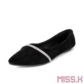 【MISS.K】尖頭V口質感絨面一字斜鑽帶造型平底鞋(黑) 推薦  MISS.K