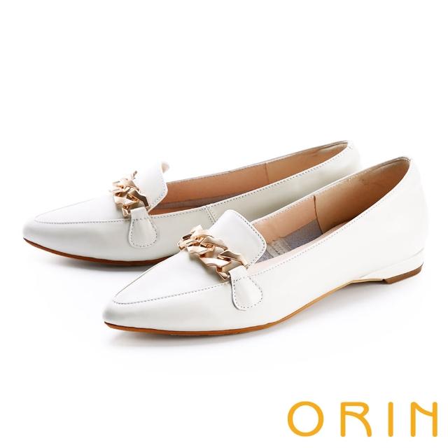 【ORIN】氣質金屬鍊真皮平底 女 樂福鞋(白色)