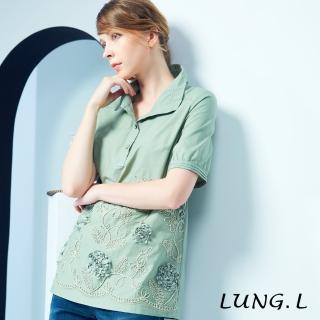 【LUNG.L 林佳樺】LK23A#秋香綠半開襟立體刺繡純棉短袖女裝上衣優惠推薦  LUNG.L 林佳樺