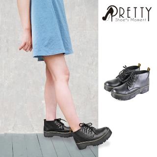 【Pretty】經典款素面縫線綁帶厚底短靴/馬丁靴(黑色24.5~25)  Pretty