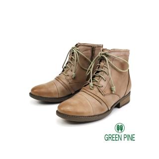 【GREEN PINE】真皮綁帶抓縐帥氣短靴(卡其色)優惠推薦  GREEN PINE