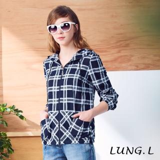 【LUNG.L 林佳樺】LK88C#藍色格紋拼接連帽拉鍊長袖薄外套(女裝)評價推薦  LUNG.L 林佳樺