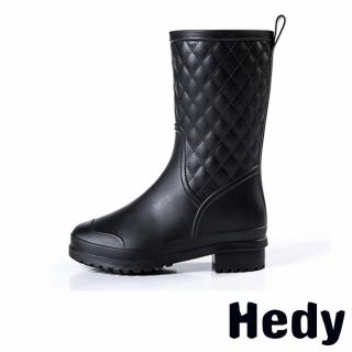 【Hedy】中筒雨靴/時尚經典菱格紋百搭中筒雨靴(黑)  Hedy