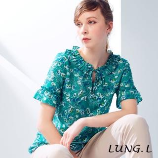 【LUNG.L 林佳樺】LK72A#琉璃綠印花造型壓褶領短袖絲棉上衣(女裝) 推薦  LUNG.L 林佳樺