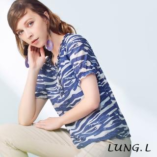 【LUNG.L 林佳樺】LL05A#海洋風印花門襟門襟抽皺短袖絲棉上衣(女裝)  LUNG.L 林佳樺