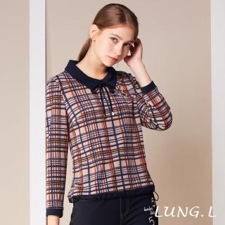 【LUNG.L 林佳樺】LL32A#藍色素面拼接撞色格紋領綁結長袖上衣(女裝)折扣推薦  LUNG.L 林佳樺