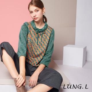 【LUNG.L 林佳樺】LL24A#莫藍迪綠素面拼接格紋領綁結長袖上衣(女裝)  LUNG.L 林佳樺