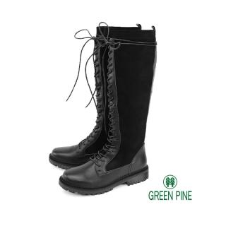 【GREEN PINE】異材質拼接綁帶低跟長靴 黑色(00187183)  GREEN PINE