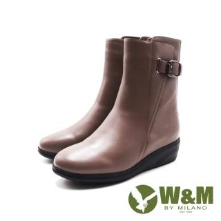 【W&M】女 皮釦造型內拉鍊楔型底女靴 女鞋(棕灰色)好評推薦  W&M