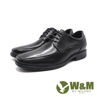 【W&M】男 圓方頭雙線條綁帶款皮鞋 男鞋(黑色)  W&M