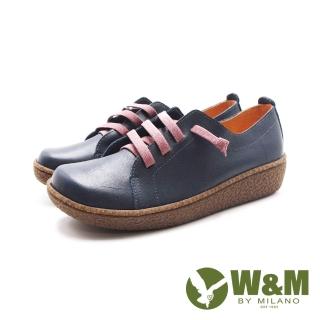 【W&M】女 大圓頭日系免綁懶人休閒鞋 女鞋(藍底紫線)  W&M