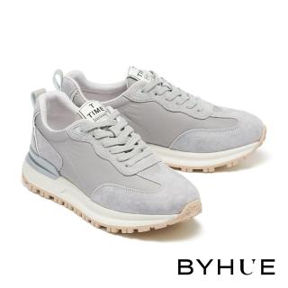 【BYHUE】經典日常麂皮拼接綁帶厚底休閒鞋(灰)品牌優惠  BYHUE