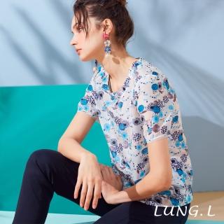 【LUNG.L 林佳樺】LM17A#白底水藍色印花短袖絲棉上衣(女裝 棉質)  LUNG.L 林佳樺