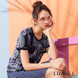 【LUNG.L 林佳樺】LM05A#藍色格紋印花扭結短袖上衣(女裝)  LUNG.L 林佳樺