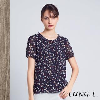 【LUNG.L 林佳樺】LM38A#藍色小碎花抽折短袖雪紡上衣(女裝)  LUNG.L 林佳樺