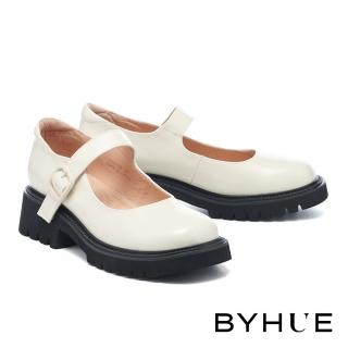 BYHUE 復古日常牛油皮唇色方頭瑪莉珍厚底鞋(白)  BYHUE