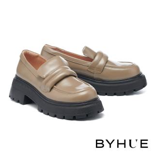 BYHUE 簡約質感澎澎寬帶牛油皮軟芯樂福厚底鞋(綠)  BYHUE