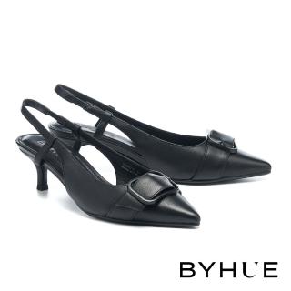 BYHUE 優雅大人感純色方釦後繫帶羊皮軟芯尖頭高跟鞋(黑) 推薦  BYHUE