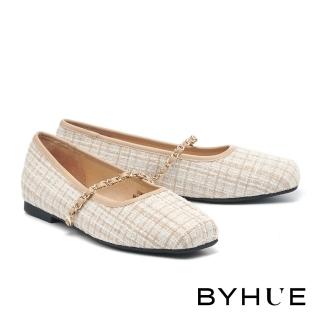 BYHUE 氣質兩穿式金鍊毛呢布軟芯Q底方頭瑪莉珍低跟鞋(米)  BYHUE