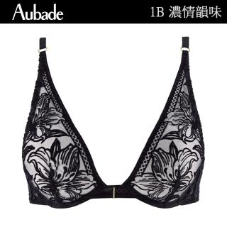 Aubade 濃情韻味植絨花卉蕾絲水滴無襯內衣 性感內衣 法國進口 女內衣(1B-黑)好評推薦  Aubade