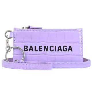 Balenciaga 巴黎世家 經典LOGO鱷魚紋牛皮可拆掛式信用卡零錢包(粉紫)  Balenciaga 巴黎世家